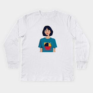 Modern woman with short hair wearing a geometric tee Kids Long Sleeve T-Shirt